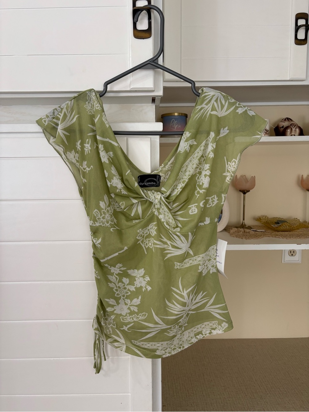 Vintage green & white sheer floral print top
